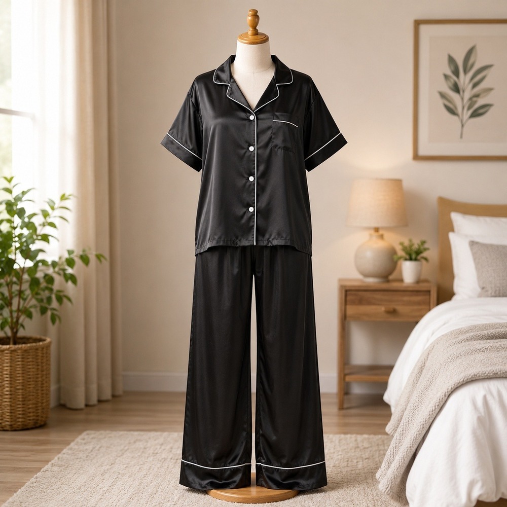 NWT Cupshe Pajama Set Medium Black Satin Short Sleeve Top Long Pants Loungewear